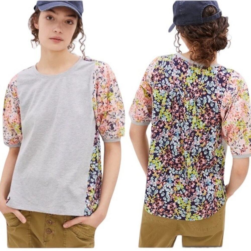 Anthropologie Maeve Suzanne Gray Floral Puff Sleeve Cotton Blend Top XS